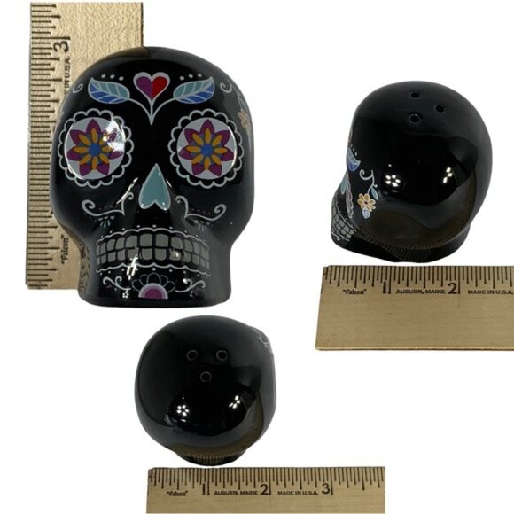 Sugar Skull Salt Pepper Shaker Set Ceramic Day of the Dead Multicolor Black 2 PC - Picture 12 of 16